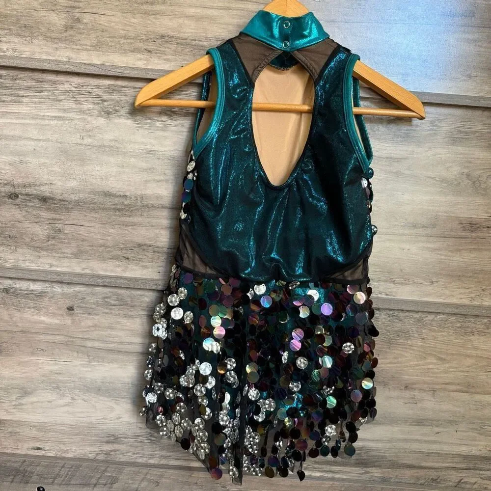 A Wish Come True 21658X XLC Teal Blue Metallic Black Mesh Silver Dance Costume